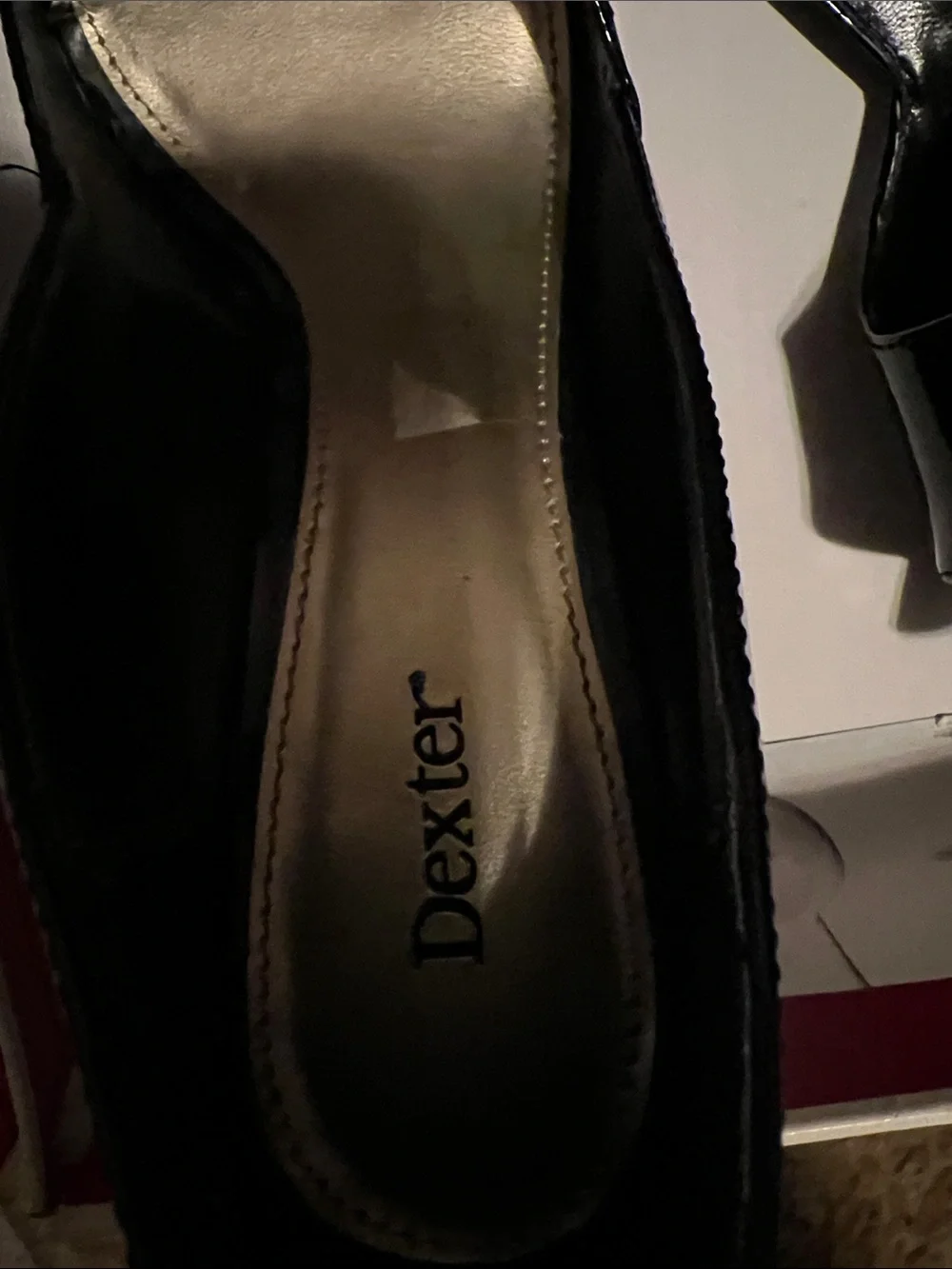 Dexter Black Patent Peep-Toe Heels with Gold Accent Buttons